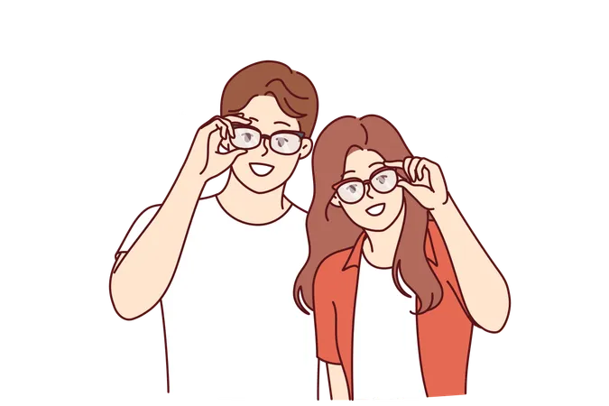 Man And Woman In Eyeglasses To Improve Or Correct Vision Stand In Casual Clothes And Look At Screen Happy Young Couple Recommends Seeing Ophthalmologist Or Visiting Store With Eyeglasses And Lenses Illustration