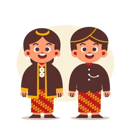 Couple Wear Indonesian Traditional Clothes of Central Java  일러스트레이션