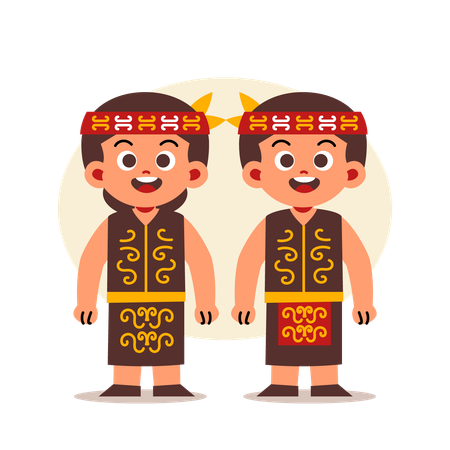 Couple Wear Indonesian Traditional Clothes of West Kalimantan  일러스트레이션