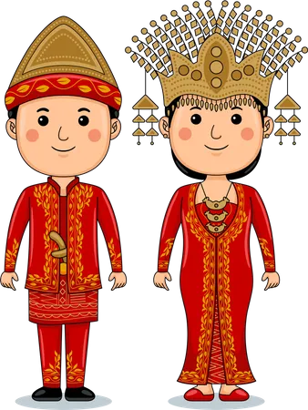 Couple wear Palembang South Sumatra Traditional Clothes Illustration