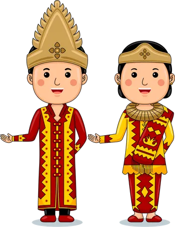 Welcome Gesture With Couple Nias Traditional Clothes Illustration