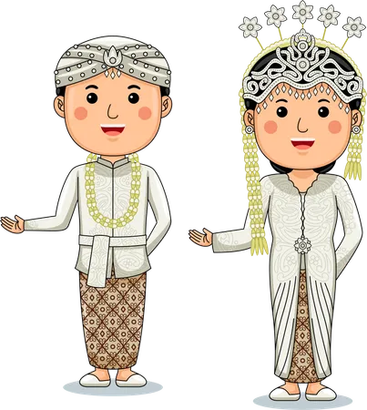 커플은 팔렘방 남부 수마트라 전통 의상을 입습니다.  일러스트레이션