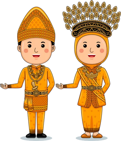Welcome Gesture With Riau Traditional Clothes Illustration