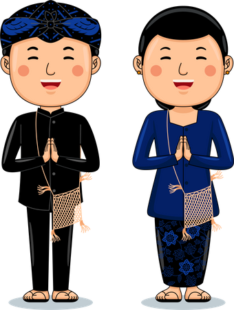 Un couple porte des salutations en tissu traditionnel, bienvenue à Baduy  Illustration