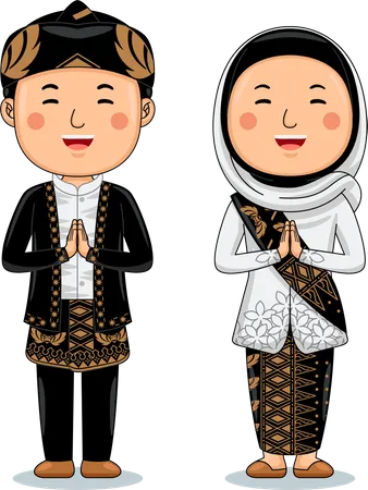 Un couple porte des salutations en tissu traditionnel, bienvenue à Banten  Illustration