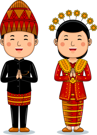 Un couple porte des salutations en tissu traditionnel, bienvenue à Bengkulu  Illustration