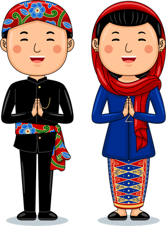 Un couple porte des salutations en tissu traditionnel, bienvenue à Jakarta  Illustration