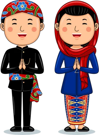 Un couple porte des salutations en tissu traditionnel, bienvenue à Jakarta  Illustration