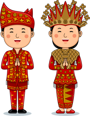 Un couple porte des salutations en tissu traditionnel, bienvenue à Jambi  Illustration