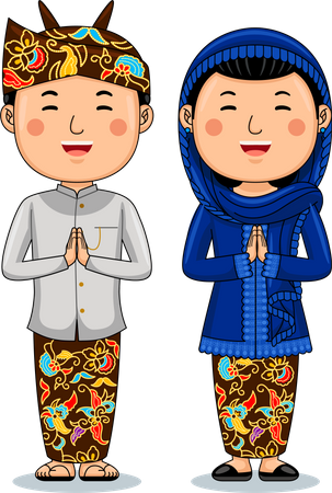 Un couple porte des salutations en tissu traditionnel, bienvenue dans l'est de Java  Illustration