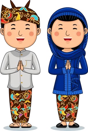 Un couple porte des salutations en tissu traditionnel, bienvenue dans l'est de Java  Illustration
