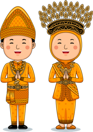 Un couple porte des salutations en tissu traditionnel, bienvenue à Riau  Illustration