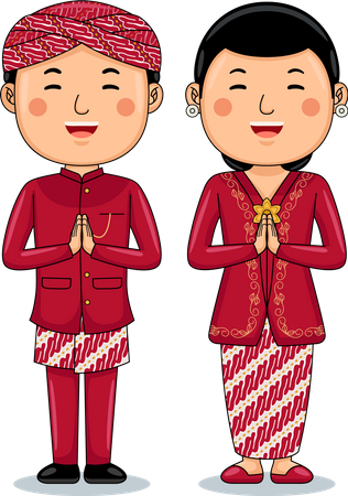 Un couple porte des salutations en tissu traditionnel, bienvenue dans l'ouest de Java  Illustration