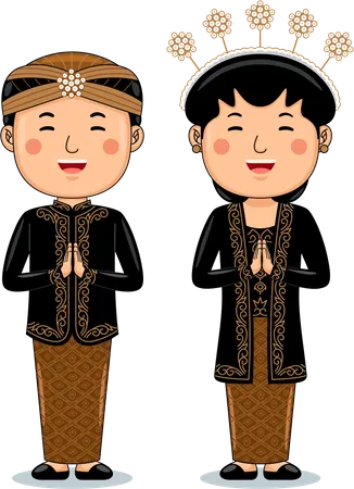Un couple porte des salutations en tissu traditionnel, bienvenue dans l'ouest de Java  Illustration