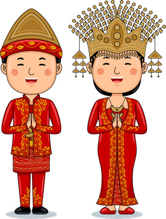 Un couple porte des salutations en tissu traditionnel, bienvenue dans le sud de Sumatra  Illustration