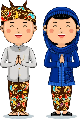 Couple wear Traditional Cloth greetings welcome to East Java  Illustration