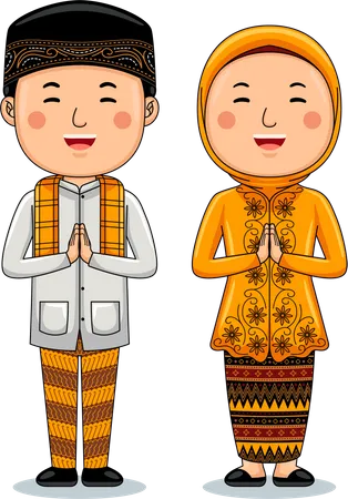 Couple Wear Traditional Cloth Greetings Welcome To Jakarta Illustration