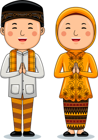 Couple wear Traditional Cloth greetings welcome to Jakarta  Illustration