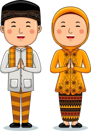 Couple wear Traditional Cloth greetings welcome to Jakarta  Illustration