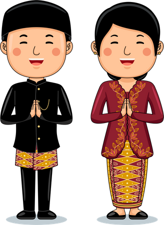 Couple wear Traditional Cloth greetings welcome to Jakarta  Illustration