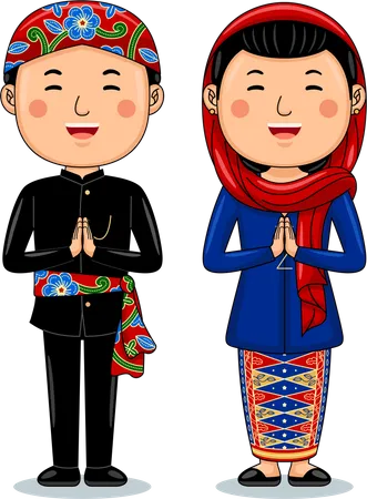 Couple wear Traditional Cloth greetings welcome to Jakarta  Illustration