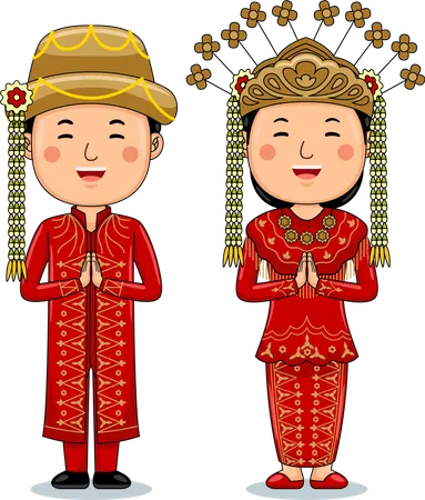 Couple wear Traditional Cloth greetings welcome to Jakarta  Illustration