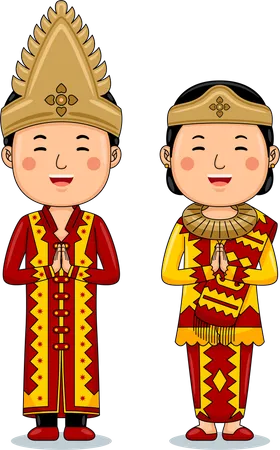 Couple wear Traditional Cloth greetings welcome to Nias  Illustration
