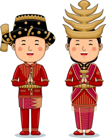 Couple wear Traditional Cloth greetings welcome to North Sumatra  Illustration