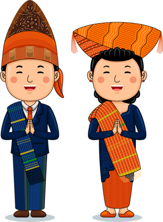 Couple wear Traditional Cloth greetings welcome to North Sumatra  イラスト