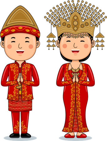 Couple wear Traditional Cloth greetings welcome to South Sumatra  Illustration