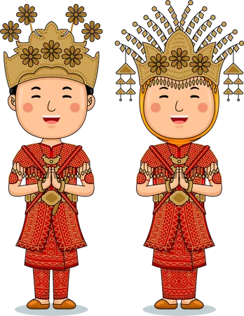 Couple Wear Traditional Cloth Greetings Welcome To South Sumatra Illustration