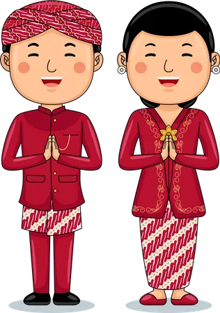 Couple wear Traditional Cloth greetings welcome to West Java  Illustration