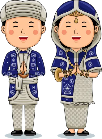 Couple Wear Traditional Cloth Greetings Welcome To West Sumatra Illustration