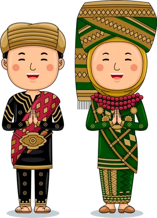 Un couple porte des salutations en tissu traditionnel, bienvenue à l'ouest de Sumatra  Illustration