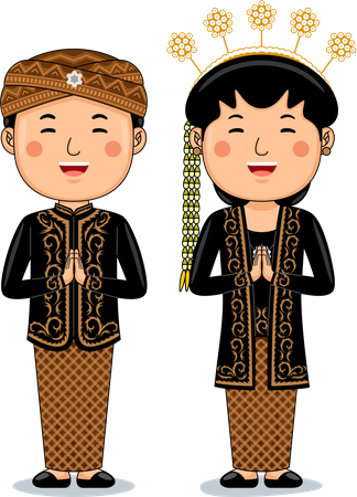 Un couple porte des salutations en tissu traditionnel, bienvenue dans le centre de Java  Illustration