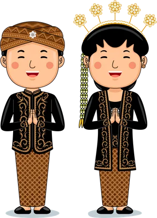 Un couple porte des salutations en tissu traditionnel, bienvenue dans le centre de Java  Illustration