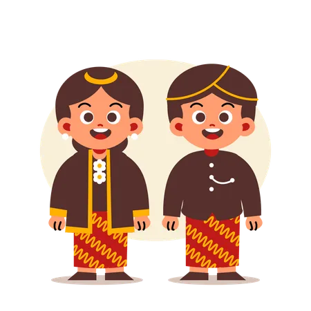 Un couple porte des vêtements traditionnels indonésiens du centre de Java  Illustration