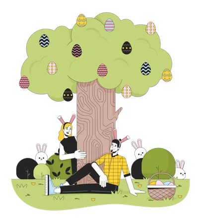Easter Egg Hunting 2 D Linear Illustration Concept Caucasian Couple Wearing Bunny Ears In Yard Cartoon Characters Isolated On White April Eastertime Metaphor Abstract Flat Vector Outline Graphic イラスト