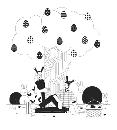Easter Egg Hunting Black And White 2 D Illustration Concept Caucasian Couple Wearing Bunny Ears In Yard Cartoon Outline Characters Isolated On White April Eastertime Metaphor Monochrome Vector Art イラスト