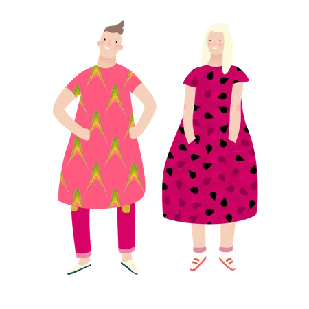 Couple wearing fruit dress in theme party Illustration