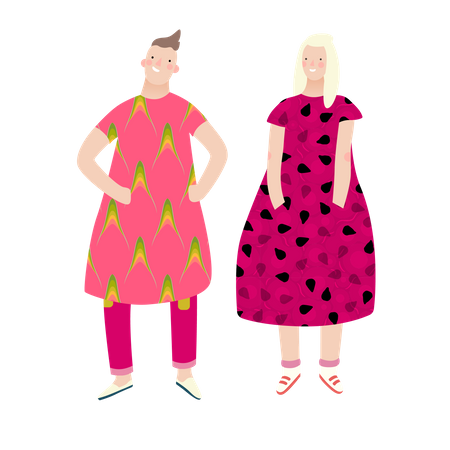 Couple wearing fruit dress in theme party  Illustration