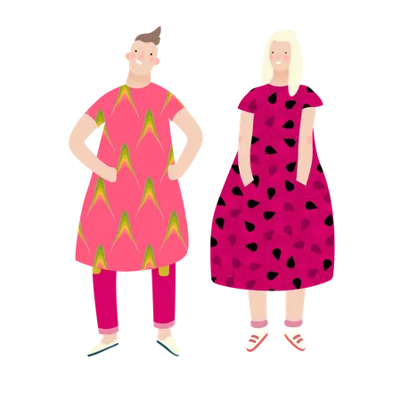 Couple wearing fruit dress in theme party  Illustration