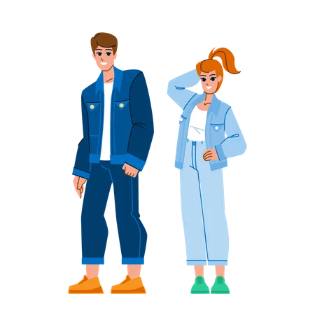 Couple Jeans Vector Fashion Woman Man Young Love Girl Boyfriend Girlfriend Happy Family Portrait Couple Jeans Character People Flat Cartoon Illustration Illustration