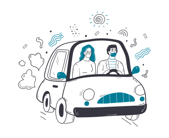 Couple wearing mask traveling in car during pandemic  Illustration