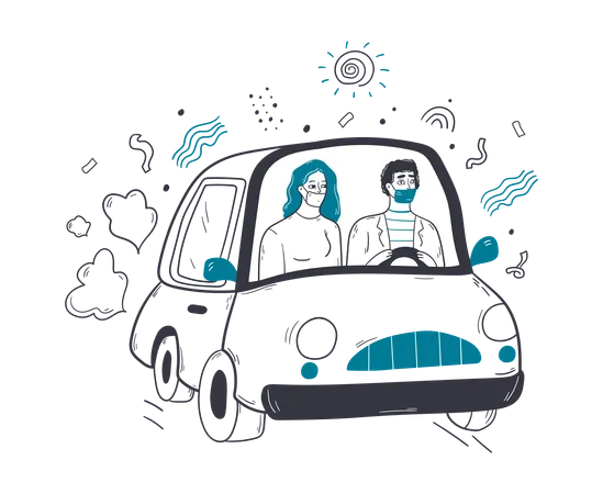 Couple wearing mask traveling in car during pandemic  Illustration