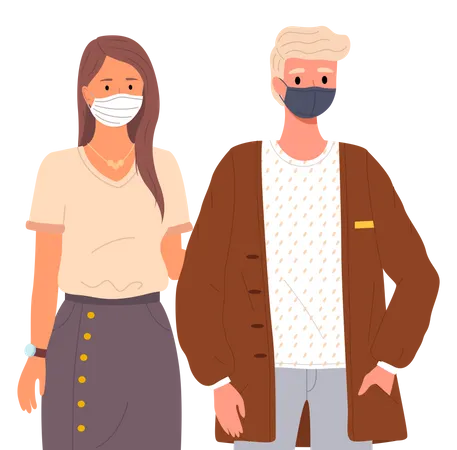 Cartoon Characters Are Wearing Medical Masks People Stand Together And Pose Vector Illustration Isolated On White Background Young Couple On Self Isolation During Pandemicdue To Covid 19 Illustration