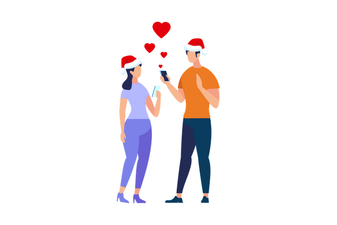 Couple wearing Santa hat doing love chat Illustration
