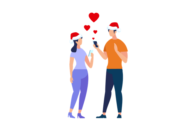 Couple wearing Santa hat doing love chat  Illustration