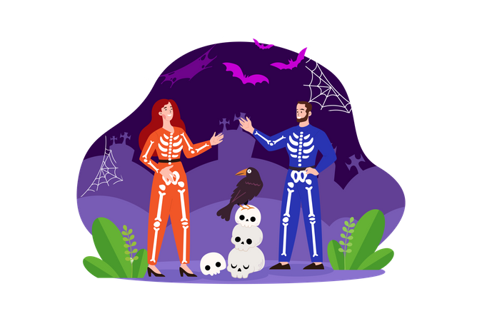 Couple wearing scary Halloween costume Illustration