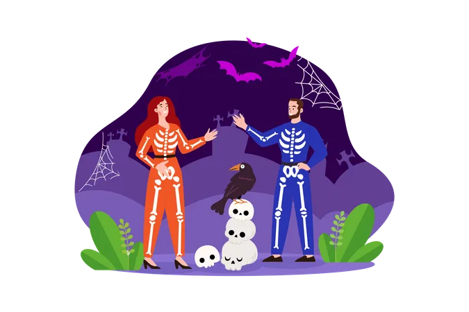 Couple wearing scary Halloween costume Illustration